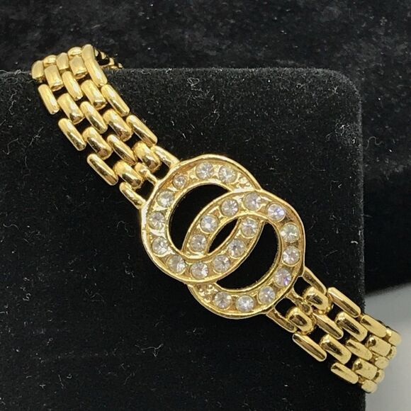 Vintage Delicate Gold Tone Chain & Crystal Accented Tennis Bracelet sz 6.75" - Picture 1 of 3